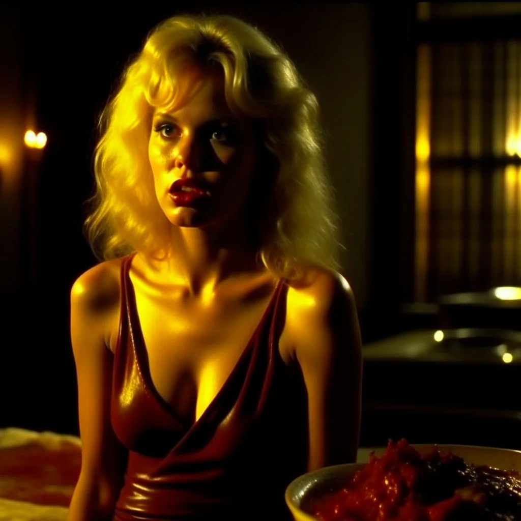 Horror movie shot, demon, hot spooky, shoulders, stunning, dining, meat, ultra realistic, really eerie, stunning blonde, huge, ultra hypnotic, obsessive, hyperrealistic hot skinny woman, pieces of meat, Dario Argento, Stanley Kubrik, 1980's, ornate, 4k, photorealism, splatter horror, graphic, details of the skin extremely accentuated