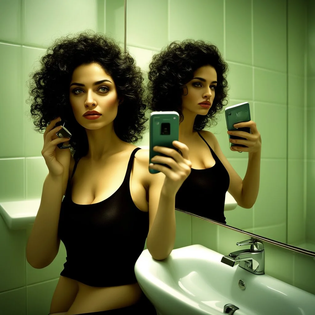 Cinematic photograph of (fineart:1.2, masterpiece1.2) (Photorealistic1.2) (Winner of International Photography Award winner) breathtaking portrait of a 28 year arab woman ltaking a selfie in the bathroom mirror, (Face:0.5)(perfectbody:1.2)the phone is to the side of her face,. black curly hair, Nikon d850 photo with a macro shot dreamy model shoot style, intricate details, 4k, (Professional lighting, sharp focus, perfect compostition, trending on artstation)