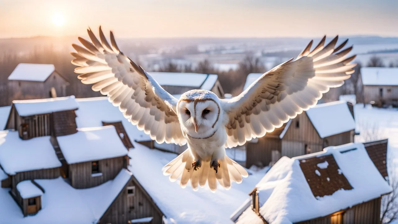 angel's view back to the camera a barn owl seen from the back from the top view flying over a winter small village, snowy landscape, little light, sunrise, some small Hungarian old country houses from above, perspective, high detailed, sharp focuses, photorealistic, cinematic