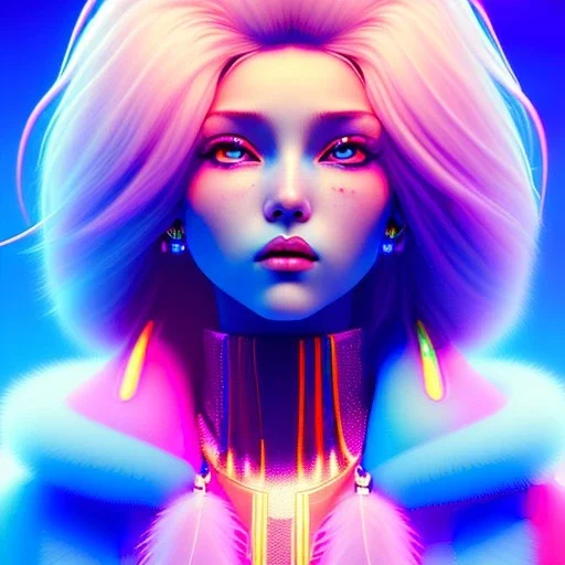 blonde woman teenager, purpurin, retro futuristic, feather coat, gradient color, BLUE, PINK, CYAN, neon, insanely detailed, 16k resolution, perfect eyes, cinematic smooth, intricate detail