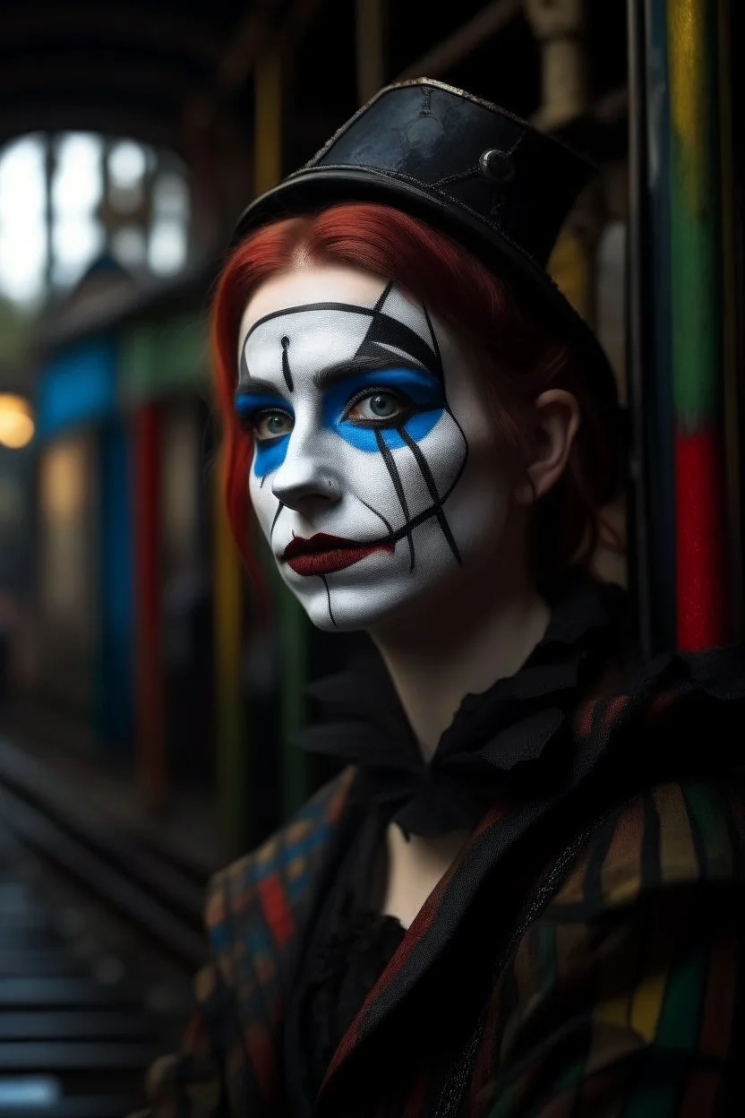 hyper real oil painting portrait of posing harlequin in cable trolley in goth ruins background, zeiss prime lens, bokeh like f/0.8, tilt-shift lens 8k, high detail, smooth render, down-light, unreal engine, prize winning