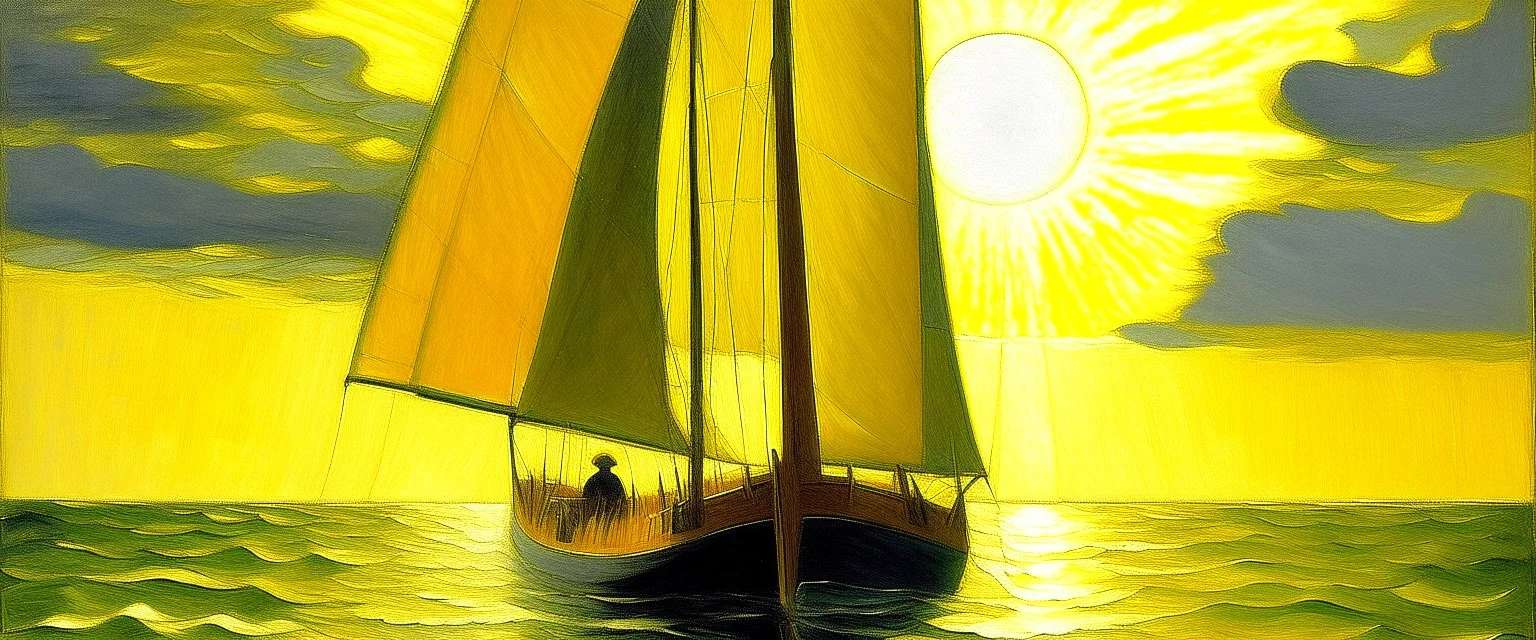 A yellow shining light yacht painted by Georges Seurat