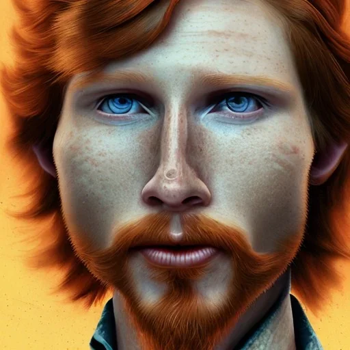 Portrait of Courtney Gains as a ruggedly handsome, joyful, roguish pirate, charismatic, attractive male, masculine, perfect teeth, precisely detailed clear eyes, softly freckled face, unblemished, flawless skin; meticulously detailed multi-hued ginger carrot colored cherry fire red hair; fantasy, intricate, elegant, highly detailed, digital painting, concept art, matte, sharp focus, illustration, art by artgerm and greg rutkowski and alphonse mucha