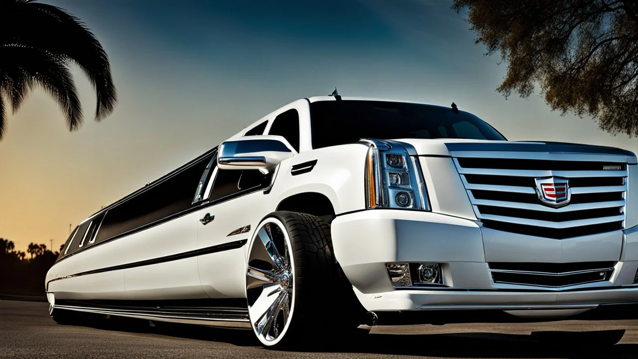 A sleek white shiny (((Customized gangsters lowrider cadillac escalade))), its contours and details perfectly captured in a (((cinematic view))), zipping along a winding road under a beautiful blue black morning sky