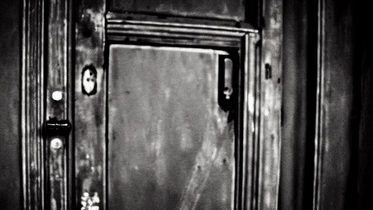 unhinged door, anime, monochrome, black background, ink, simple, maximum quality, broken hinge, barely functioning, why is it still being used it's a health hazard, centered on frame, far