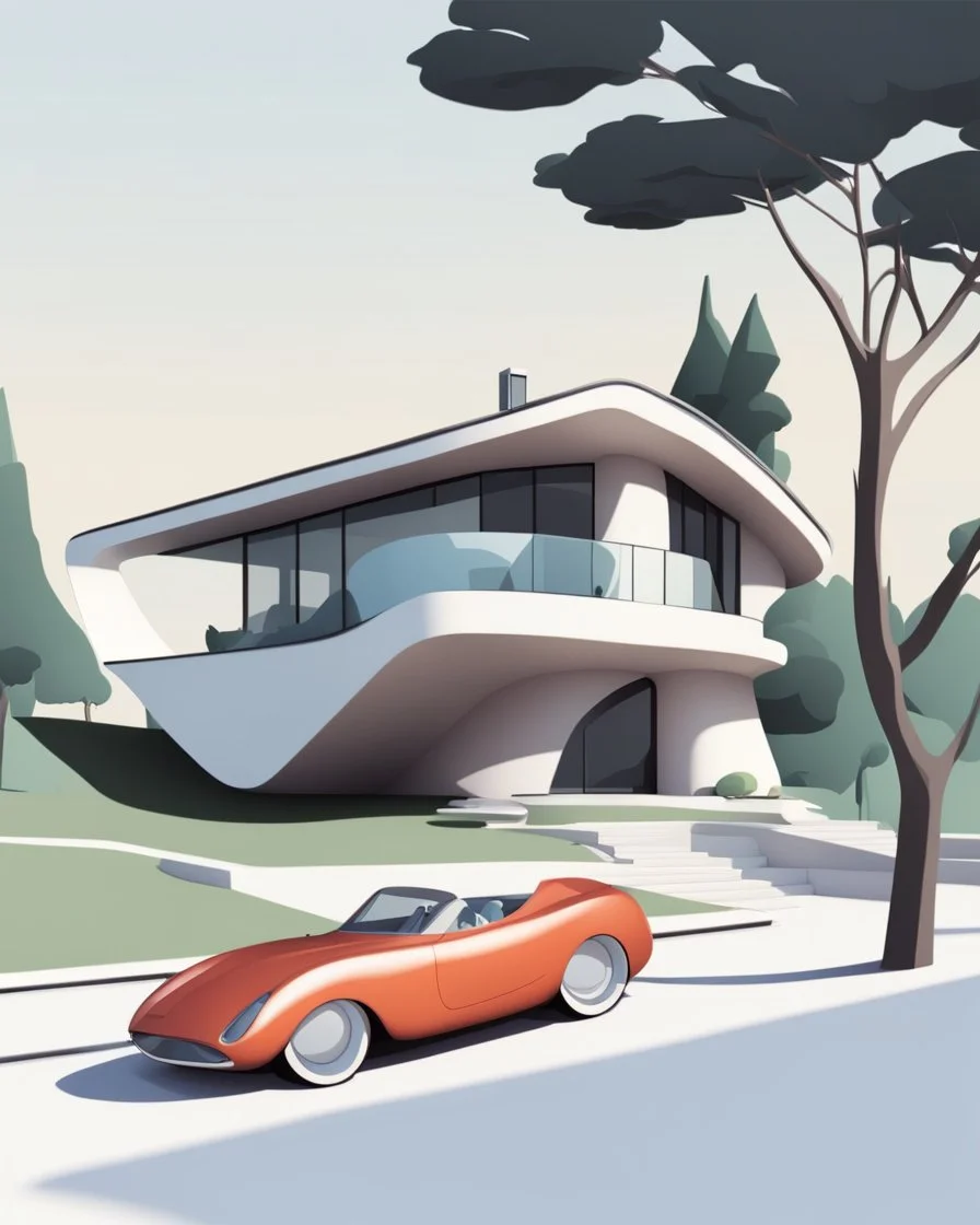 Cartoon of a modern country house, (((Zaha Hadid))) style, trees, two people, car next to it. Complementary colors. 3D