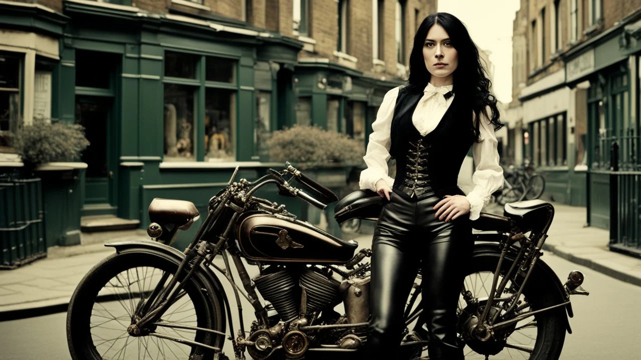 full-height portrait of a woman with straight shoulder-length black hair, with metal arms and legs, dressed in leather trousers, and a waistcoat, in a Victorian street next to a steampunk bike