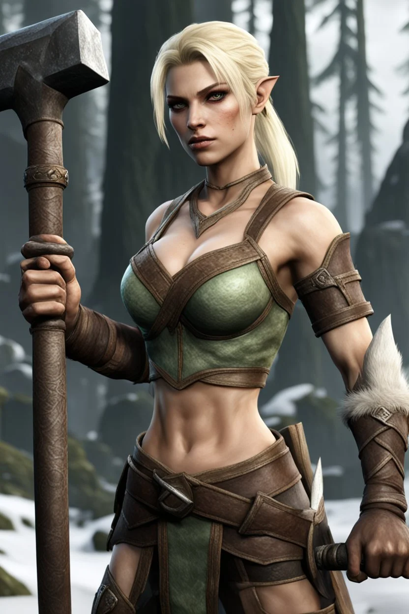 A female bosmer barbarian from Skyrim with dark brown eyes, blonde, short hair, holding orcish sledgehammer in hands