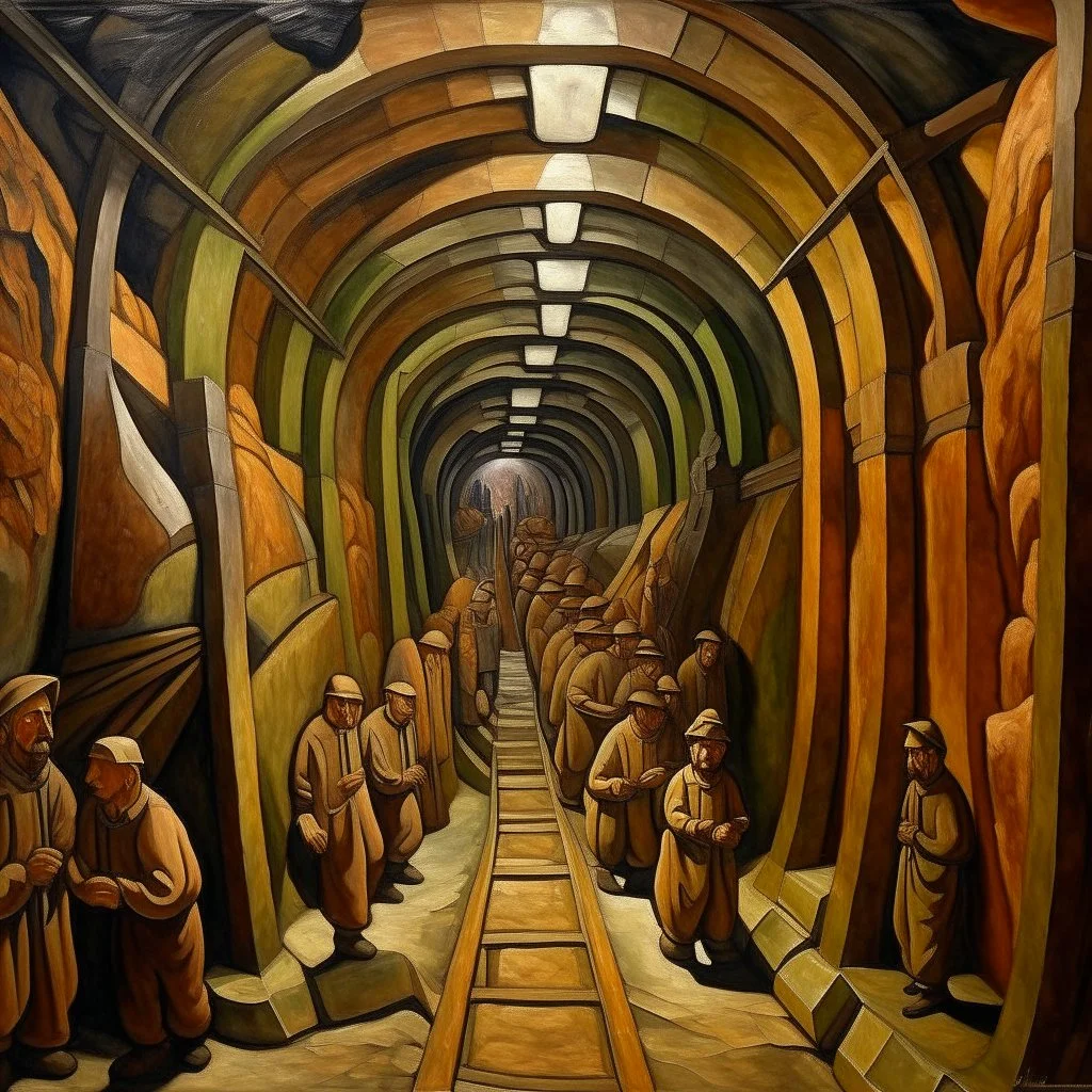 Brownish bronze underground mining tunnels painted by Diego Rivera