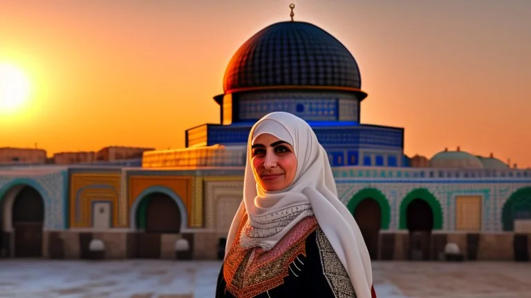 A Palestinian woman wearing an embroidered dress with the Dome of the Rock in front of her during sunset in winter.