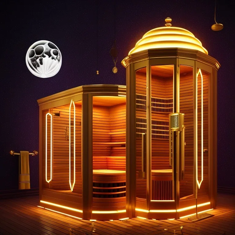 sauna römischer stil, dampf,goldenes material, goldene leiter, luxus,entspannung, wohlhabend, handtücher, menschliche gäste, neonlichter, night, 8k, extremly detailed, golden scheinender mond, sterne, wohlhabend, komplementärfarben, rost, duschen, party