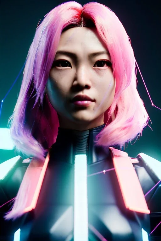 portrait, Asian cyborg woman :: symmetry photography, cyberpunk style, pink hair, makeup, line eye, light iris, :: black samurai armor, japanese traditional pattern, wires and circuits, pink, white, black :: cinematic, Ultra realistic, dark scene, soft color, highly detailed, unreal engine 5, RTX, ultra detail, 3d, finely drawn, high definition.