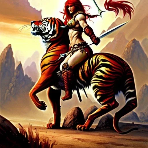 ultra detailed portrait of beautiful Red Sonja riding a Great tiger ,wearing plate armor, extremely detailed digital painting, in the style of A.J. Manzanedo and Robert Howard and Earl Norem and fenghua zhong and ruan jia and jeremy lipking and peter mohrbacher, mystical colors, rim light, beautiful lighting, 8 k, stunning scene, raytracing, octane, trending on artstation