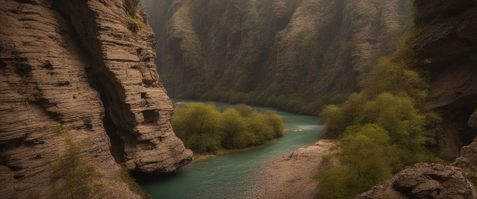 sentier dans la falaise d'un canyon karstique étroit surplombant une rivière dangereuse