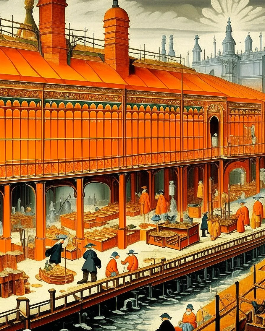 An orange colored crystal factory in a plague painted by Edward Hicks