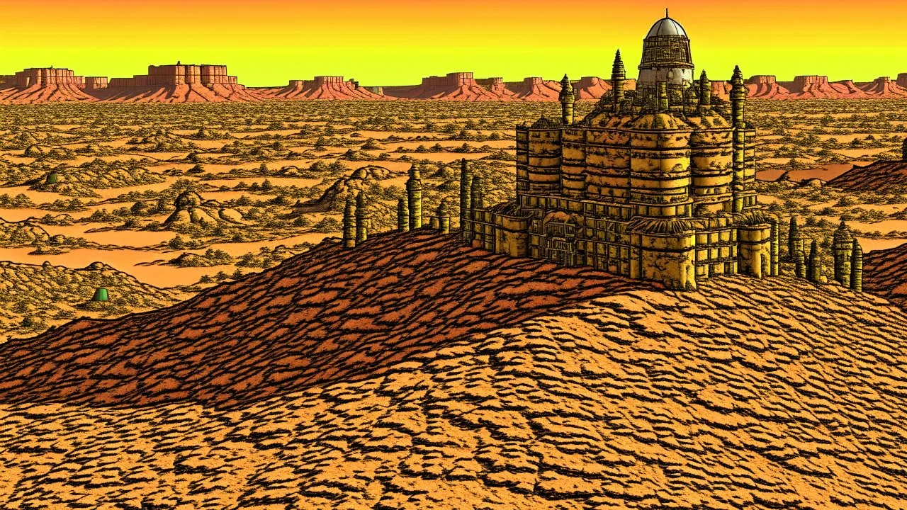 Desert warrior from behind looking at a city in the distance, comic style