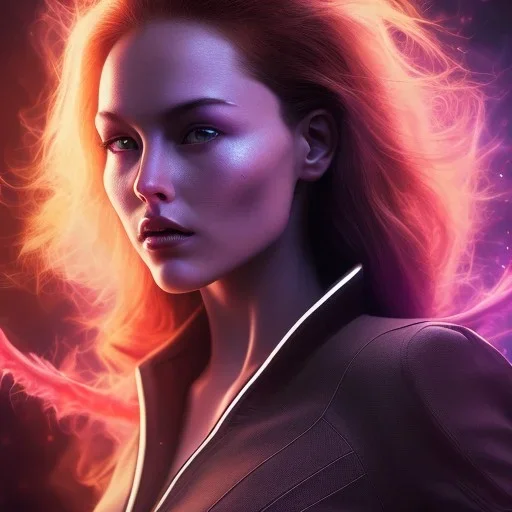 Dark Phoenix, X-Men , Jean Gray. hyperfantastic,hyperscifi,unreal engine,3D,best colours,deep purple . fire theme .blue neon smoke.cinamatic,full cinematic lights.beautiful body and hands details,beautiful face details,8k,hyperdetails.by alan parker.ann dittman