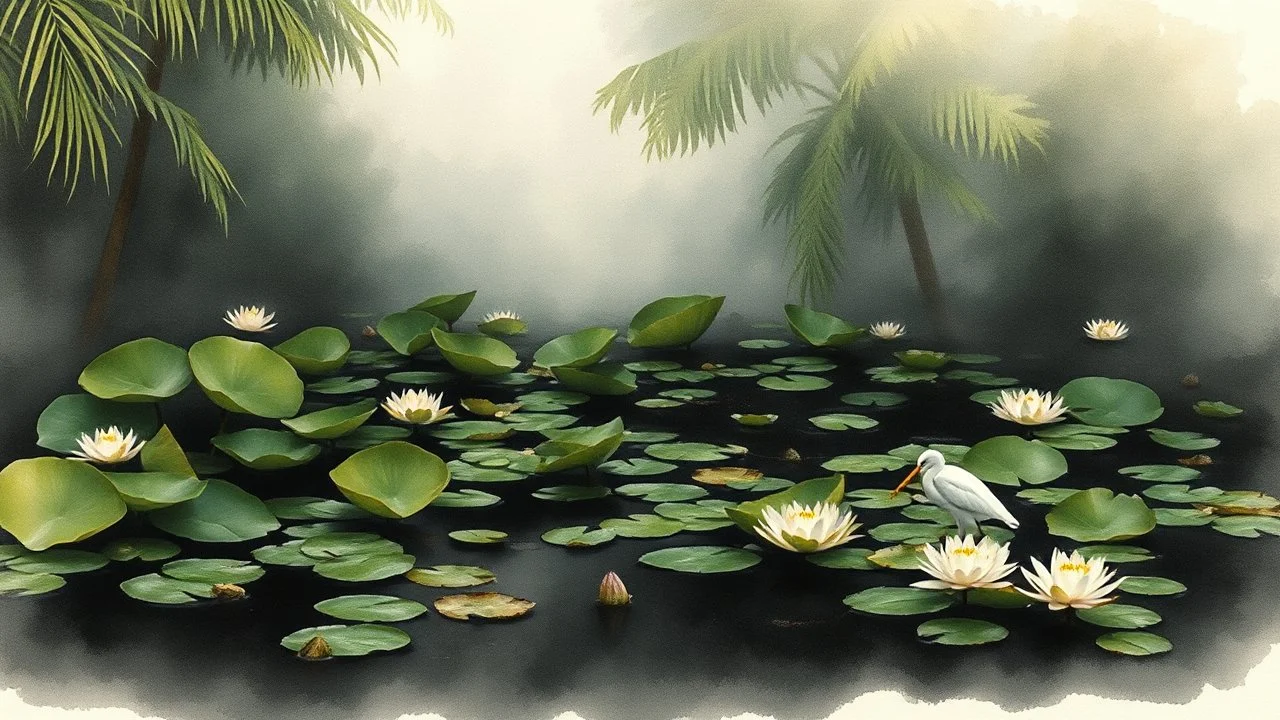 Tropical swamp with dark water covered in giant water lilies, a white heron walking among the plants, low fog and warm humid air., (luminous watercolor painting:1.4), (transparent pigment washes:1.3), wet-on-wet soft edges, granulating pigment texture, (visible cold press paper texture:1.3), delicate color blooms, dreamy atmospheric quality, botanical or landscape subject, 8k scan, (watercolor:1.4), masterpiece fine art, (expressive charcoal drawing:1.4), bold gestural strokes, (smudged atmosphe