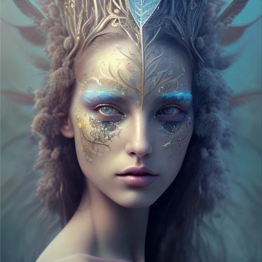 Portrait of beautiful girl, face dept of field,face shining, plant, metal, feathers,central weight average, CWA Dryad, fae, sidhe, ominous, nature, plants, wildflower sparkle,wildflower 3d view, facepaint, dnd character portrait, intricate, oil on canvas, masterpiece, expert, insanely detailed, 4k resolution, retroanime style, cute big circular reflective eyes, cinematic smooth, intricate detail , soft smooth lighting, soft pastel colors, painted Renaissance style,sharp fucus, bokeh,macro lens,