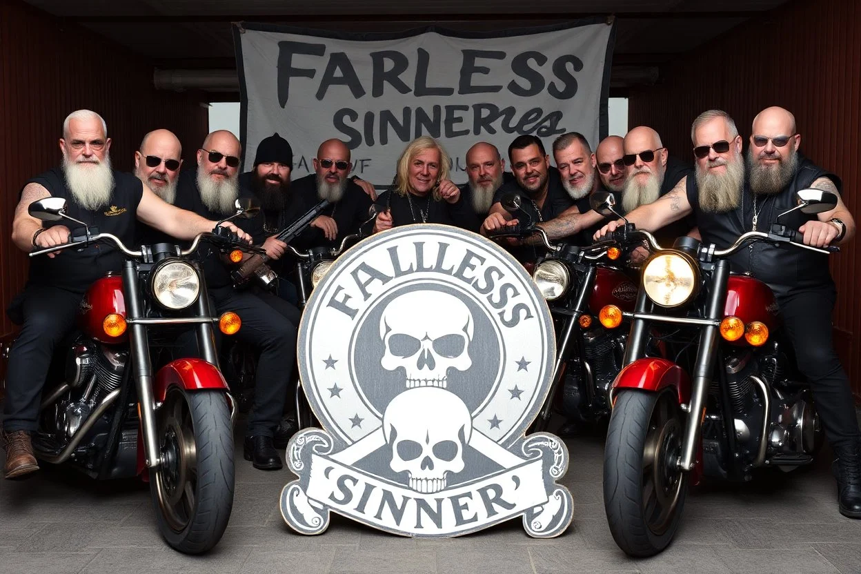 a very hard and tuff motorcycle bald gang, not old, posing with their Harley Davidsson bikes, some of them holding guns and shotguns, a logo sign with Falköpings HD Club, "Fearless sinners" Skulls and bones, skeletons