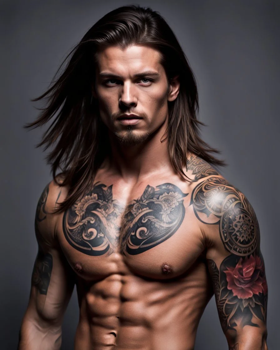 handsome tattooed male warrior age 25 with shoulder length hair and a goatee