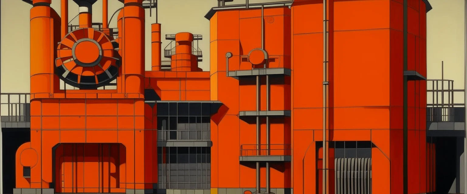 An orange colored ferro factory with gears painted by Piet Mondrian