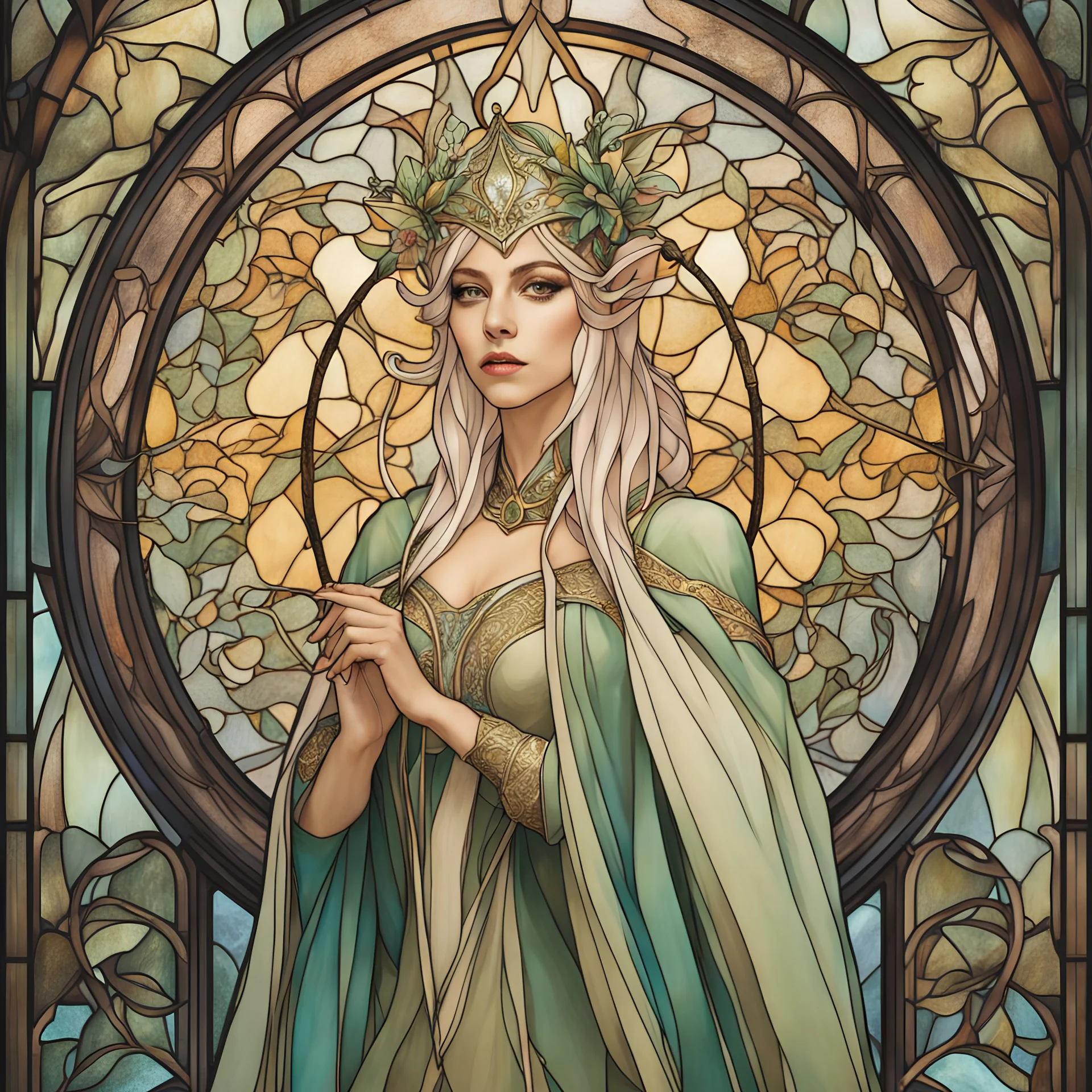 stained glass motif by Alfons Mucha, Lady Gaga as an elf princess in an elven kingdom, HD 4K ultra high resolution, photo-real accurate