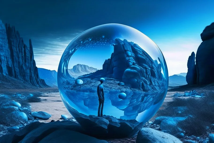 Blue transparent sphere seeing by a person, in the rocky alien landscape, infinite.