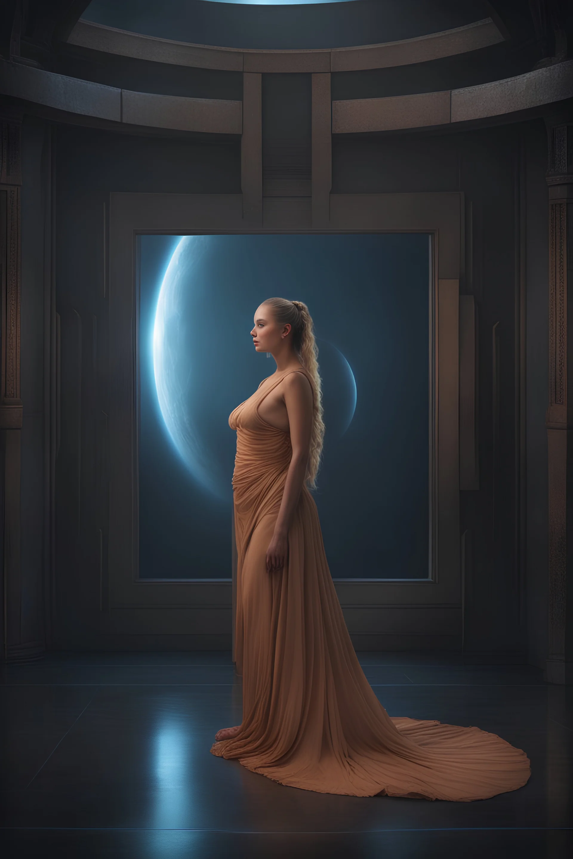 A science-Fiction Space Opera - A long time ago in a galaxy far, far away there lived a tiny, thin, slender, little woman named Petra Payton, a voluptuous beauty , inspired by all the works of art in the world, Absolute Reality, Reality engine, Realistic stock photo 1080p, 32k UHD, Hyper realistic, photorealistic, well-shaped, perfect figure, perfect face, laughing, a multicolored, watercolor stained, wall in the background,