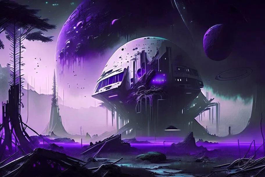 Futuristic Settlement, White Building, Alien Planet, Corrupted Forest, Dense Purple Fog, Dead Soil, Black Night Sky, Stars, Space, Distant Planets