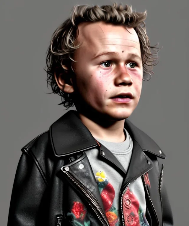 Heath ledger toddler, full body, sneaker, leather jacket, floral shirt, soft skin, dramatic lighting, hyper realistic