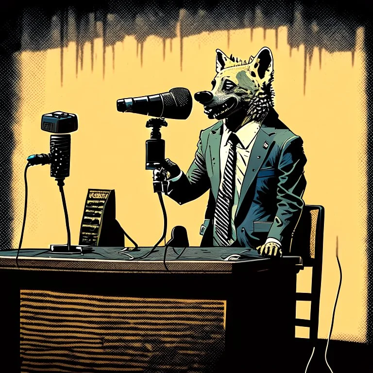 Hyena in a suit and tie, as an announcer sitting at the transmission table with a microphone presenting a newscast. Banksy cómic style. Ultra quality