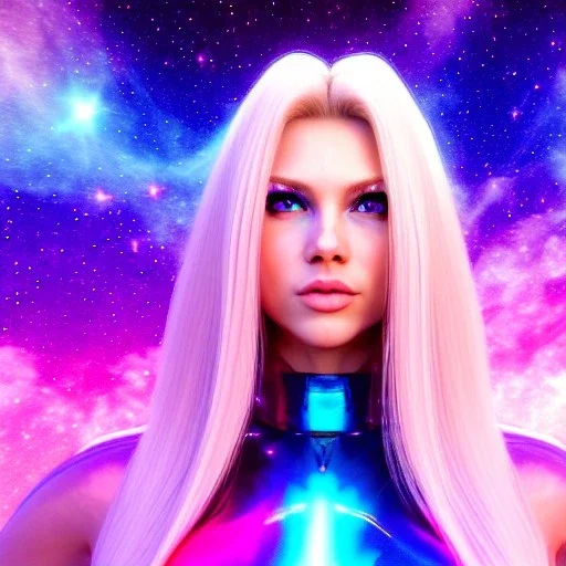Beautyful woman,galactic , cosmic armor,hair long blond, blue eyes, happy cosmic, bright colors, blue, pink, realistic, photo real, clear sunny background, highly detailed, high contrast, 8k high definition, unreal engine 5, extremely sharp detail, light effect, sunny light background