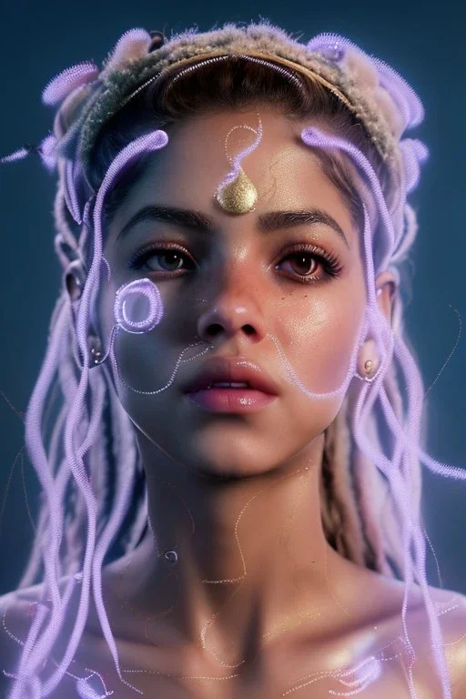 Shakira artist, Realistic image, natural waist up portrait, natural busty , perfect eyes, glow, circle iris, eye liner. spray line make up, glow. lips, gold. big rings piercing, led ornament. coat, vibrant color, highly detailed, art stations, concept art, smooth, unreal engine 5, god lights, ray tracing, RTX, lumen lighting, ultra detail, volumetric lighting, 3d, finely drawn, high definition, 4k.