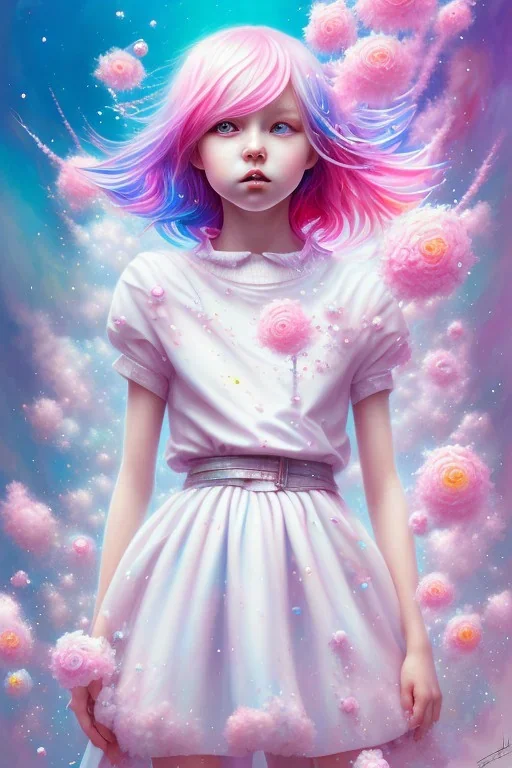 pop manga, a little girl, pink hair, colorful, watercolor splash, white dress, rainbow flowers, in the style of Camilla d'Errico, hyper detailed, beautiful, complex, trending on artstation, cryengine, national geographic photo, chiaroscuro