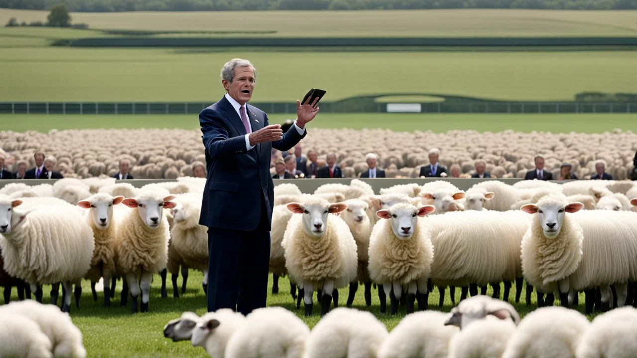 George w bush at podium speaking to large field of sheep