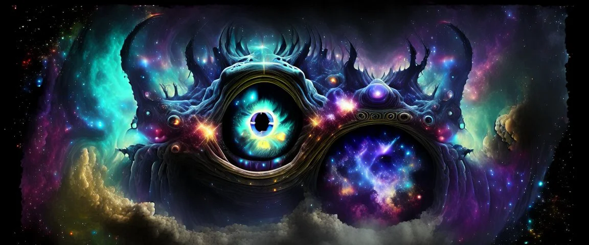 oversized monster strange creature multieyed space nebulae plasma hyperdimensional quantum traveling stars