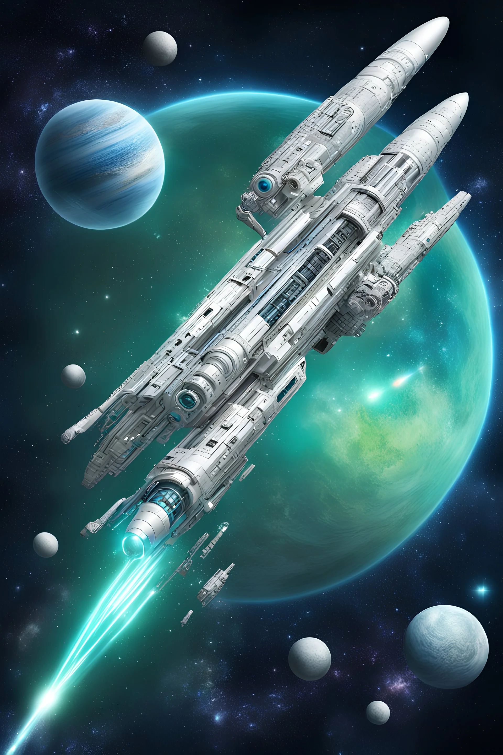 futuristic spacerifle, AR15 style, photorealistic, intricate rocket design, heroic, fun, silver, neongreen and neonblue mixed, space background with planet