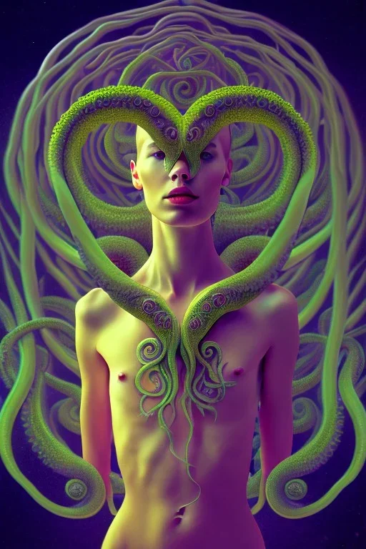 Spiritual being with Tentacles over human Head creating reality around, wrapping Spiral around Human, Psychedelic