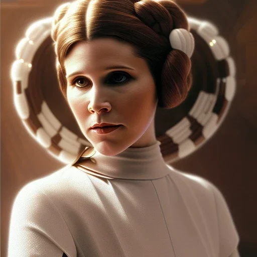 extremely detailed 8k hyperspace wallpaper,complete and photo realistic detailed head to waist stunning photo realistic portrait of carrie fisher as Princess Leia in star wars with photo realistic fine and simple hairstyle, brown eyes, professional majestic photo realistic painting by Ed Blinkey, Atey Ghailan, by Jeremy Mann, Greg Manchess, Antonio Moro, trending on ArtStation, Intricate, High Detail, Sharp focus, dramatic, by greg rutkowski, realism, beautiful and detailed lighting,