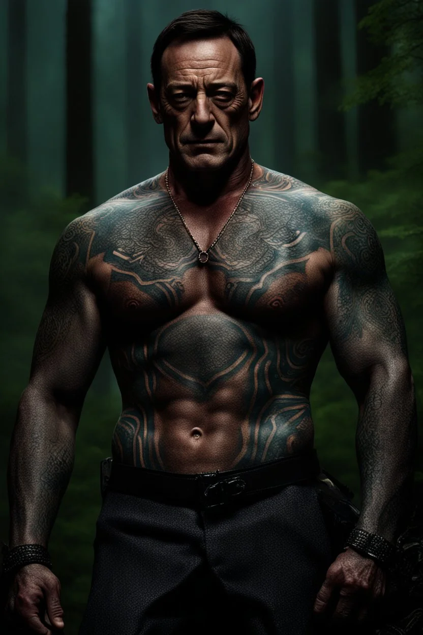 Jason Isaacs Very muscular man with short hair and tribal tattoos in armani suit in forest, realistic face, close-up, dark fantasy, smoke in the sky, intricate details, hyper detailed