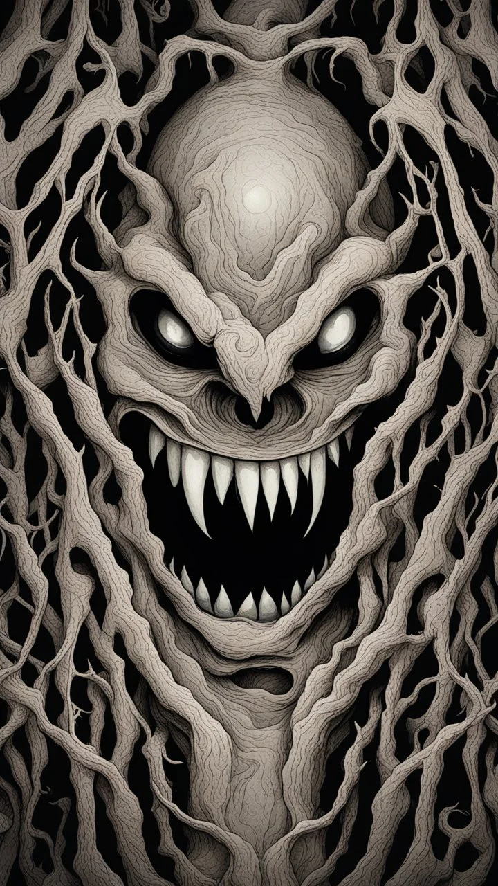 Your phone's background image represents an extremely dark and mysterious scene. The image features a pitch-black background, creating an aura of mystery and intrigue. Deep within the image, a cryptic monster is faintly visible, sporting a sly smile on its face. The monster's features appear enigmatic and profound, capturing the viewer's attention and arousing curiosity. The monster is subtly portrayed in the image, making it seem like a part of another mysterious world. The dark colors and dee