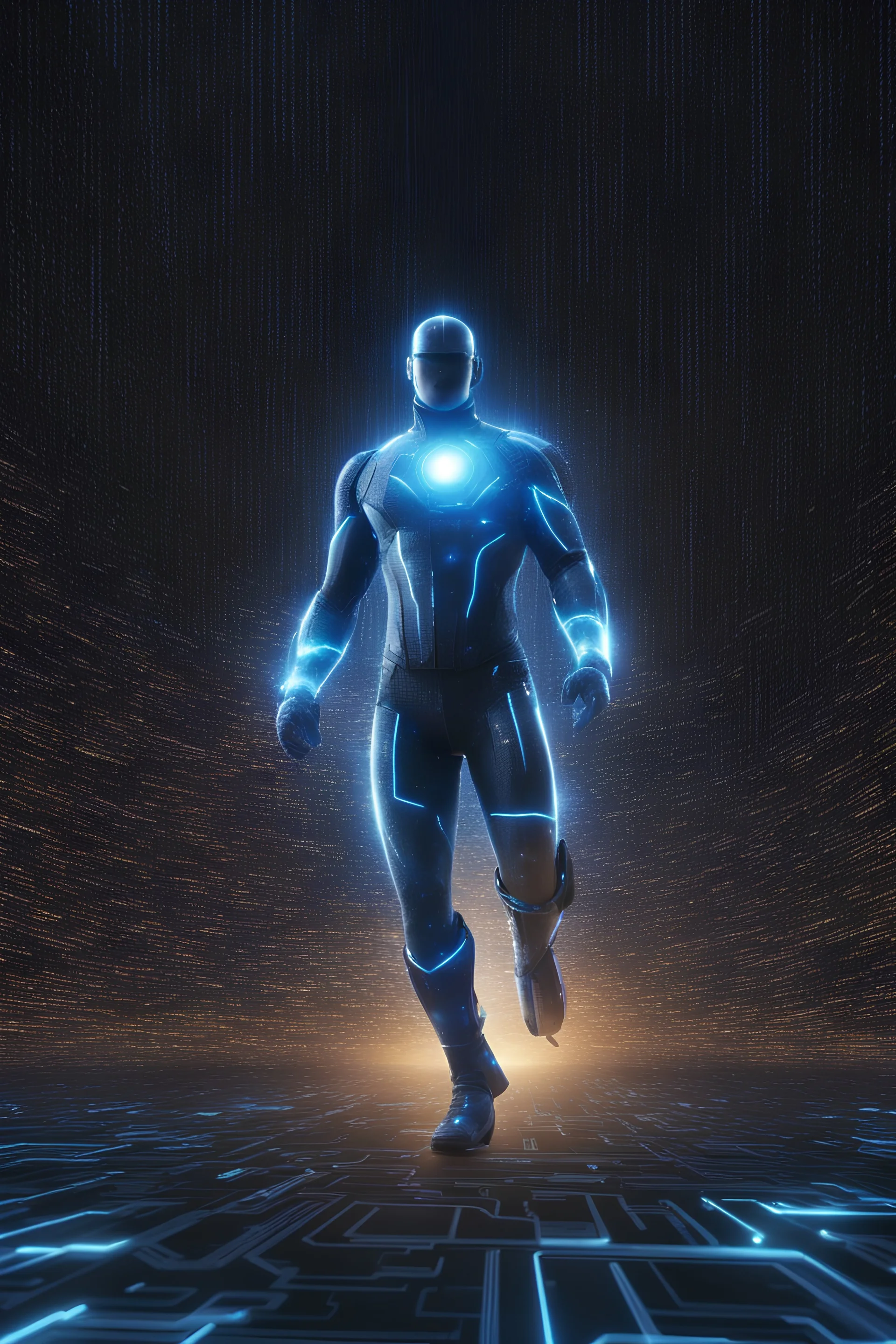 A powerful Super Coder Man, surrounded by a sea of code, with a glowing blue aura radiating from his body.