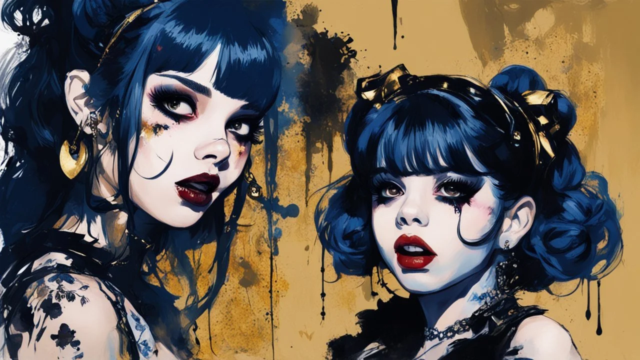 Poster in two gradually, a one side malevolent goth vampire girl face and other side the Singer Melanie Martinez face, painting by Yoji Shinkawa, darkblue and gold tones,