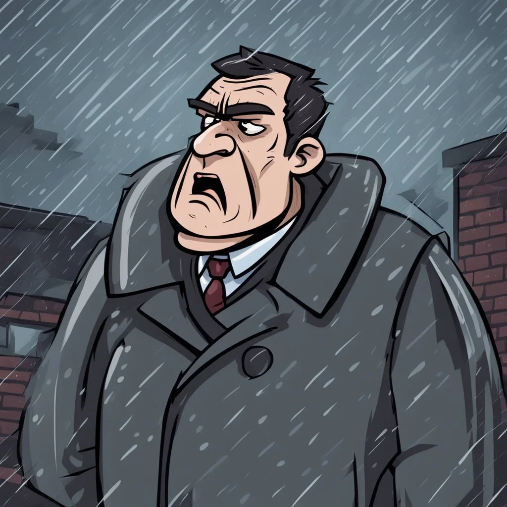 a closeup of a disgusted man in a heavy coat during a rainstorm cartoon