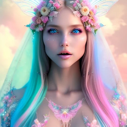 beautiful, soft, big smile face, whole head, long straight blonde hair blues eyes, crown on the head, clothing in transparent bluish and pink veil,fairy wings on the back, background brillante bluish and pink, hight definition, 8K