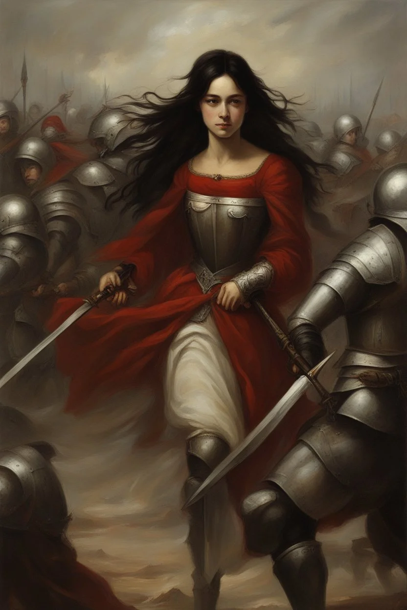 Oil painting Knights and princess wearing a dark red dress and long black hair Very in a battlefield