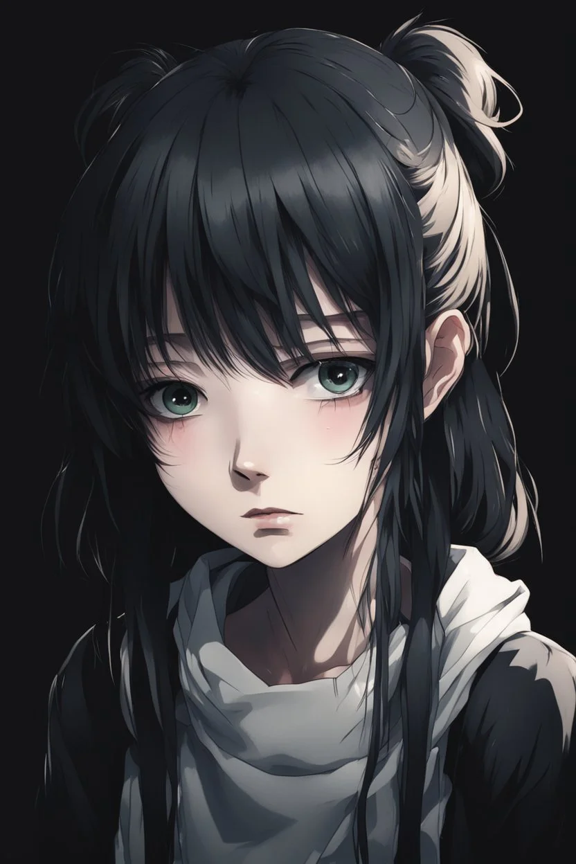 emotionless, numb, sad anime girl portrait with dark black background