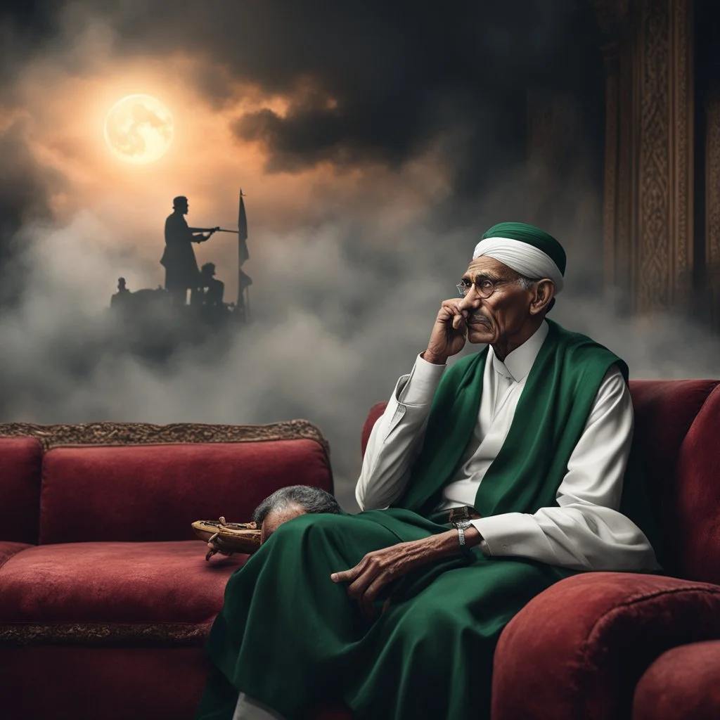 Hyper Realistic Quaid E Azam SHyper Realistic Karbala Prehistoric War Background at cloudy sunsetmoking Cigar & Mahatma Gandhi Sitting on a Velvet Sofa in a foggy Dark Room