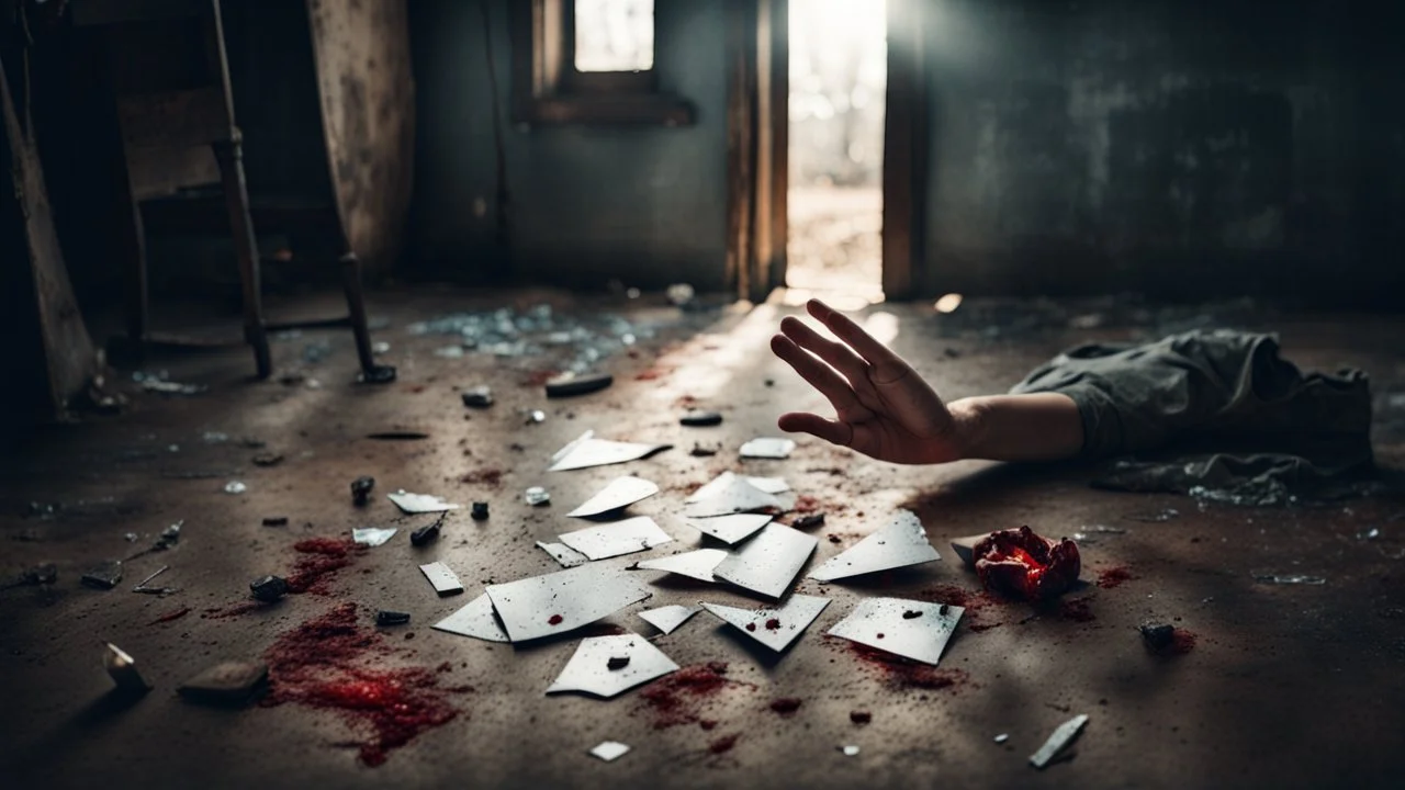 close up photo from a young woman's had with bloody fingers, and shattered glass pieces lies on dirt floor, The room is an old poor villager's abode, pale light, The mood is one of profound melancholy, sad